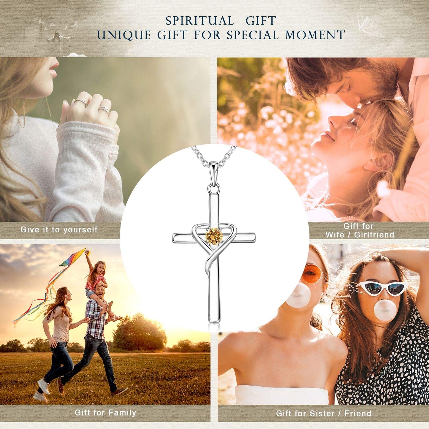 AmorAime 925 Sterling Silver Cross Necklace for Women Men 14K Gold Plated 5A CZ Birthstone Necklaces for Holiday (K.Orange-November-Topaz)