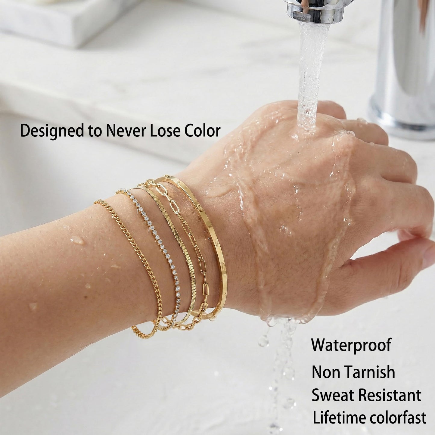 Gold Bracelets for Women 14K Gold Plated 5Pcs Dainty Bracelet Set - Waterproof Tarnish Free Stainless Steel Jewelry - Quiet Luxury Stackable Paperclip Herringbone Cuban Tennis Cuff Chain Gifts