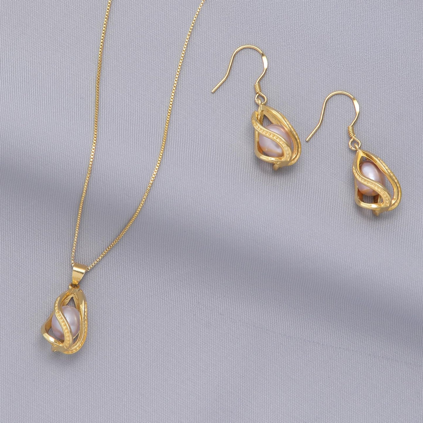 HENGSHENG Pearl Jewelry Set For Women 14K Gold Plated Necklace & Earrings Set Freshwater Pearl Pendant Cage Set for Wedding Anniversary Prom Birthday Gift - Golden Purple