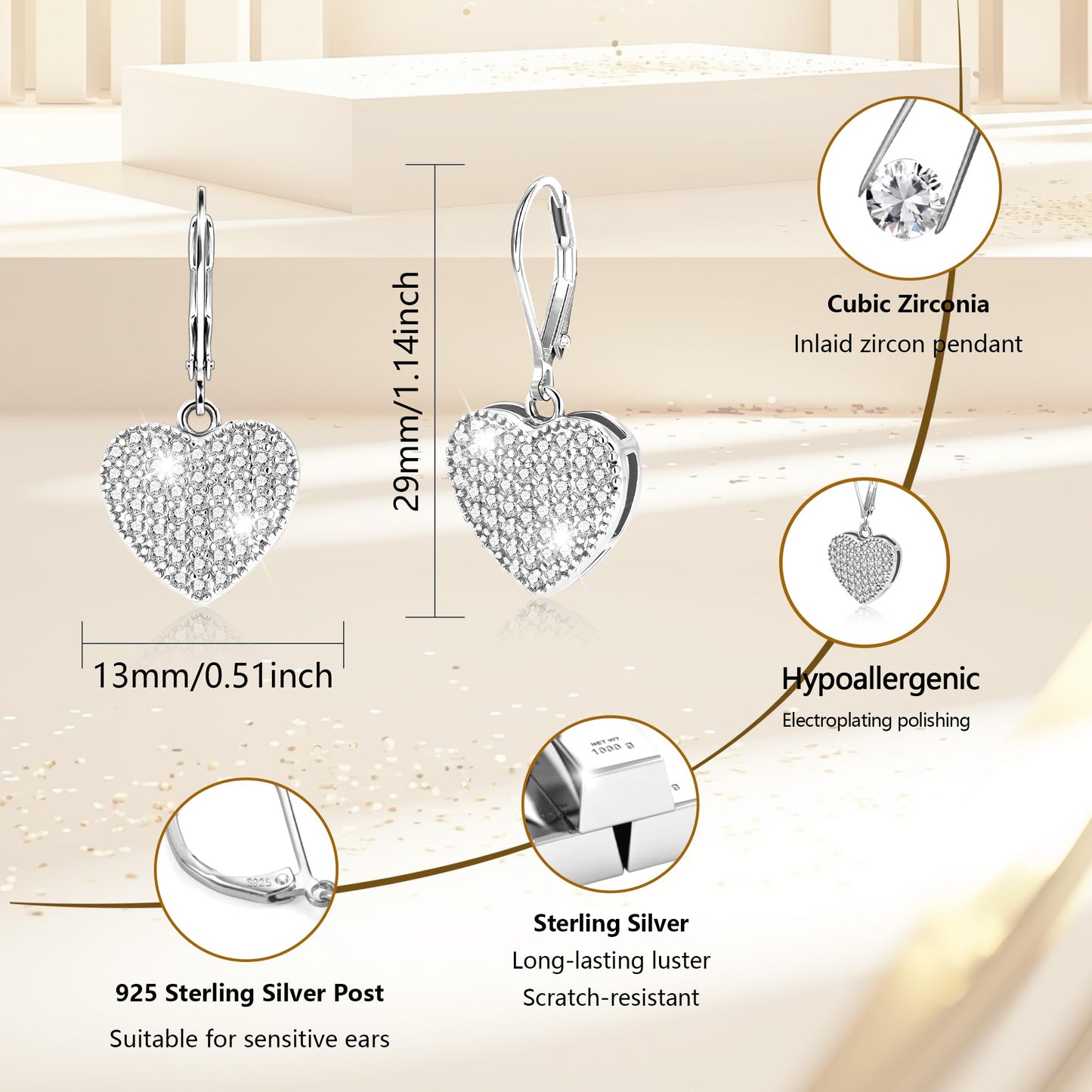Sterling Silver Dangle Earrings, ALEXCRAFT Heart Dangling Drop Earring for Women Trendy Hypoallergenic 925 Sterling Silver Leverback Earings Cubic Zirconia Heart Dangle Earrings for Women Lady