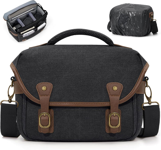 RAINSMORE Canvas Camera Bag, DSLR/SLR/Mirrorless Small Camera Sling Bags Cross-body Camera Case, Compact Shoulder Bag