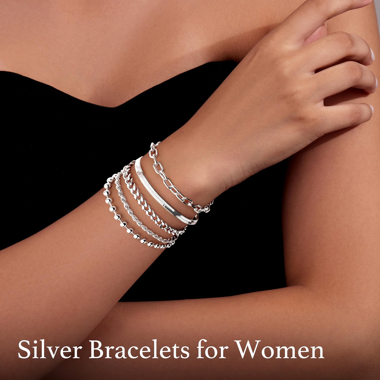 Silver Bracelets for Women Non Tarnish, Dainty Waterproof Silver Stackable Bracelet Set Stack With Beaded, Cuban, Paperclip, Snake, Rope, Silver Jewelry Gifts for Women Trendy