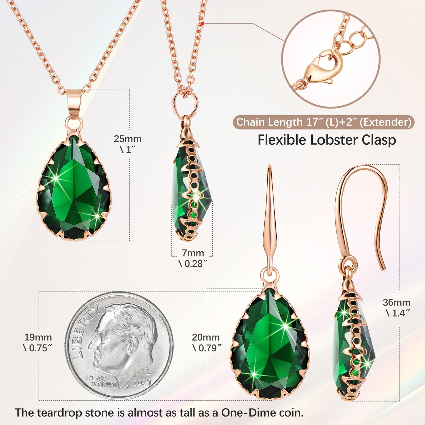 Linawe Emerald Green Crystal Rose Gold Jewelry Sets for Women, Pendant Matching Necklace Set, Imitation Diamond Drop Dangle Teardrop Earrings Set, Rhinestone Jewelry Wedding Bridal Bridesmaid