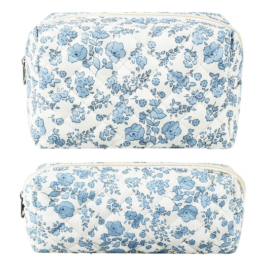 URSKYTOUS 2Pcs Floral Makeup Bag for Women Cotton Quilted Small Coquette Cosmetic Bag Cute Zipper Blue Flower Makeup Pouch Aesthetic Portable Pencil Case Travel Toiletry Bag Trendy Cloth Skincare Bag