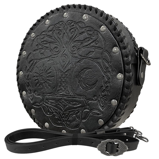 HiiFeuer Viking Embossed Crossbody Bag, Nordic Faux Leather Belt Bag Satchel Bag, Medieval Portable Cosplay Shoulder Bag (Black B)