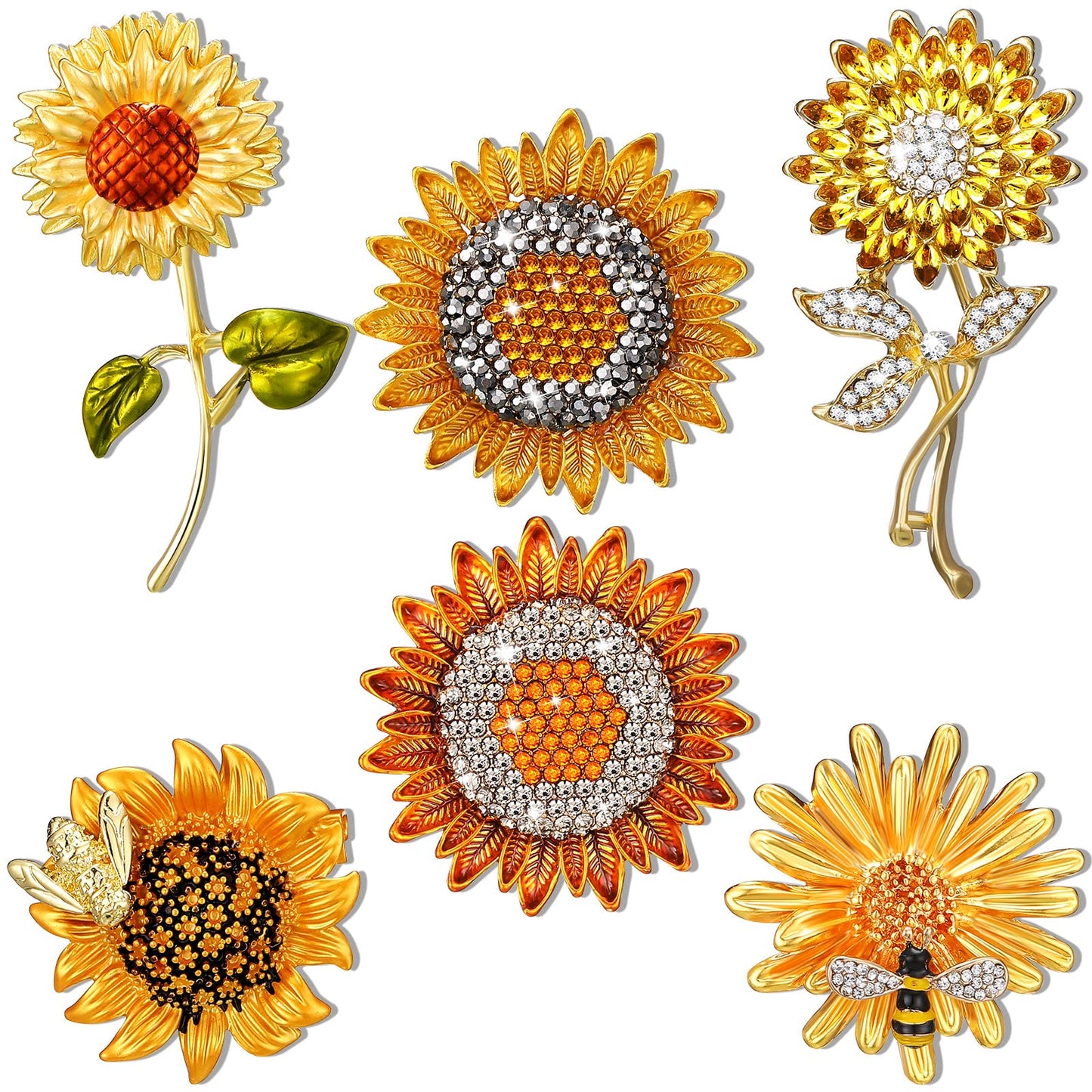Junkin 6 Pcs Sunflower Brooch for Women Summer Sunflower Bee Rhinestone Crystal Pin Dress Jewelry Accessories Gift for Women(Sunflower)