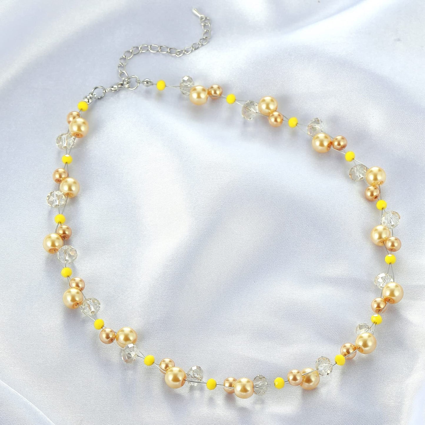 Short Beaded Turquoise Necklace For Women - Fashion Jewelry with Pearl and Crystal Bead, Birthday Gifts For Women (27-Yellow)