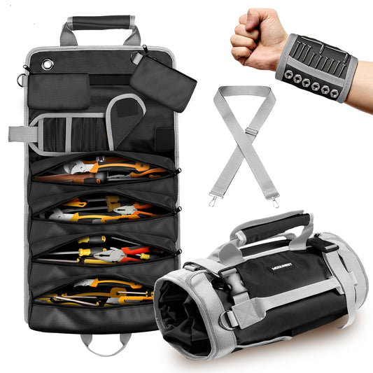 Tool Bag Roll Up Large Heavy Duty, Waterproof Oxford Fabric Tool Storage Organizer with Shoulder Strap Detachable Magnetic Wristband, Foldable Carrying Toolbag for Car Mechanic and Electrician(Black)