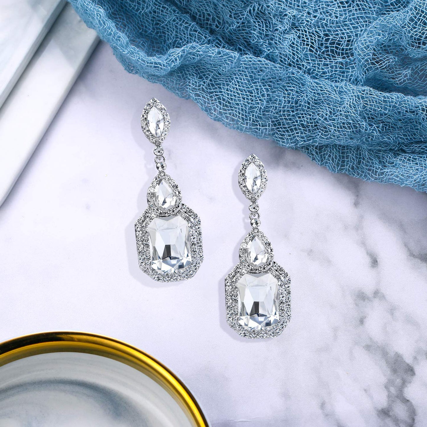 BriLove Wedding Bridal Dangle Earrings for Women Emerald Cut Crystal Infinity Figure 8 Chandelier Jewelry Clear Silver-Tone