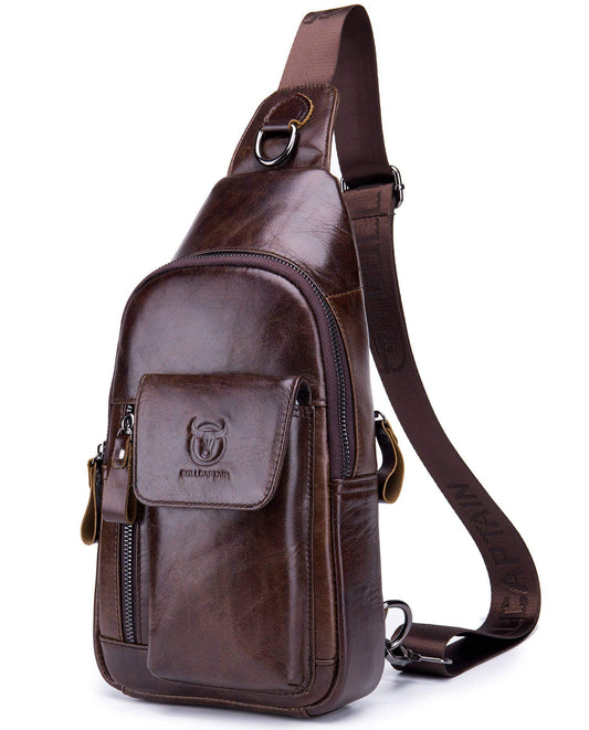 BULLCAPTAIN Mens Leather Crossbody Bag Shoulder Sling Bag Casual Daypacks Chest Bags for Travel Hiking Backpacks (Coffee)