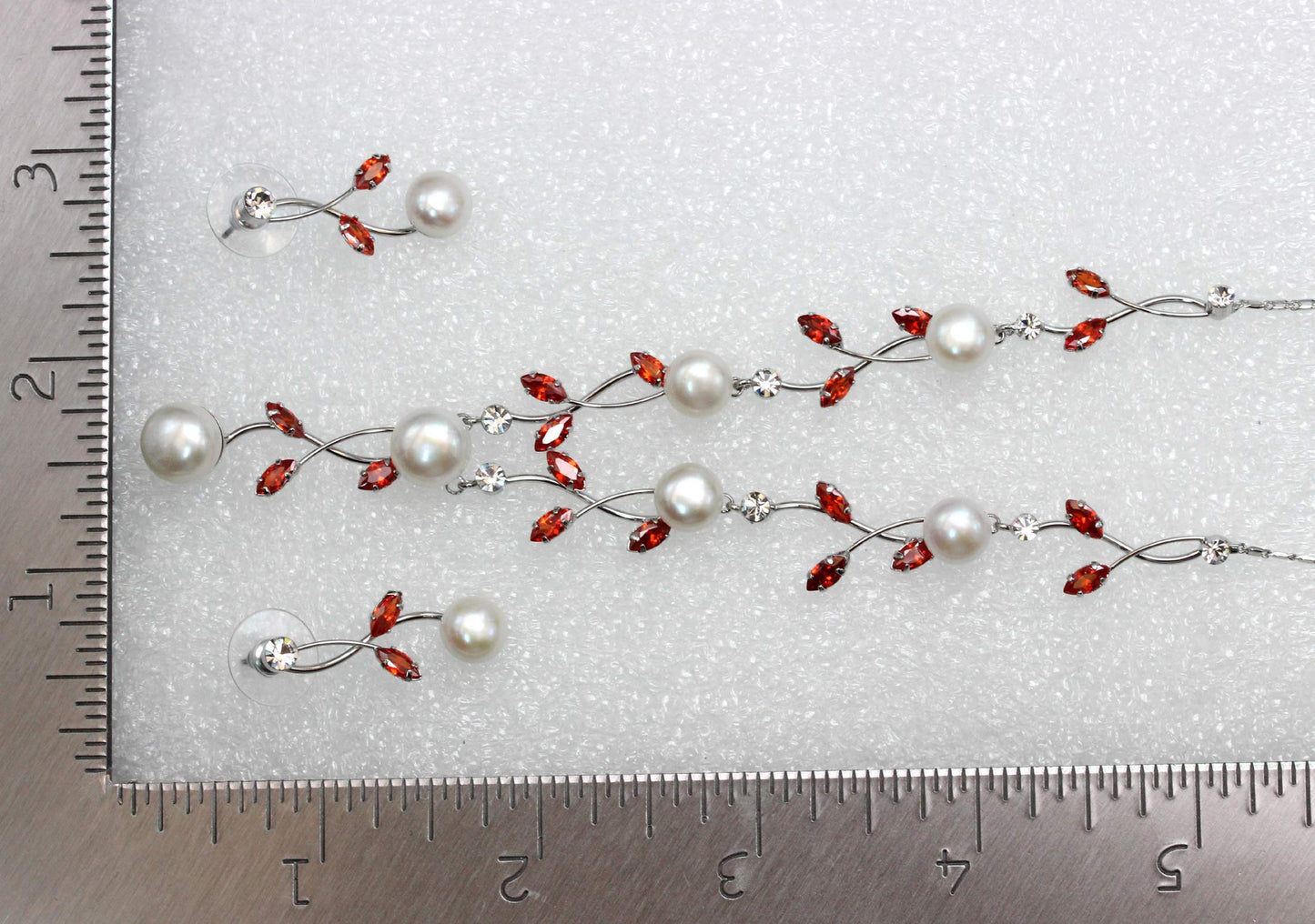 Faship Red CZ Crystal Genuine Freshwater Pearls Floral Necklace Earrings Set - Red