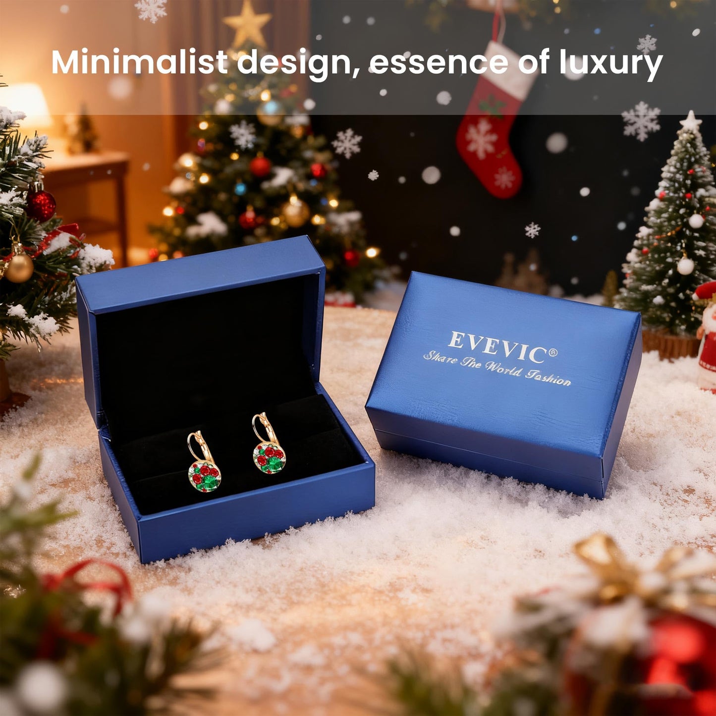 Multicolored Austrian Crystal Leverback Earrings for Women 14K Gold Plated Dangle Hoop Earrings Hypoallergenic Jewelry (Green Red Main Crystals/Christmas Glow)