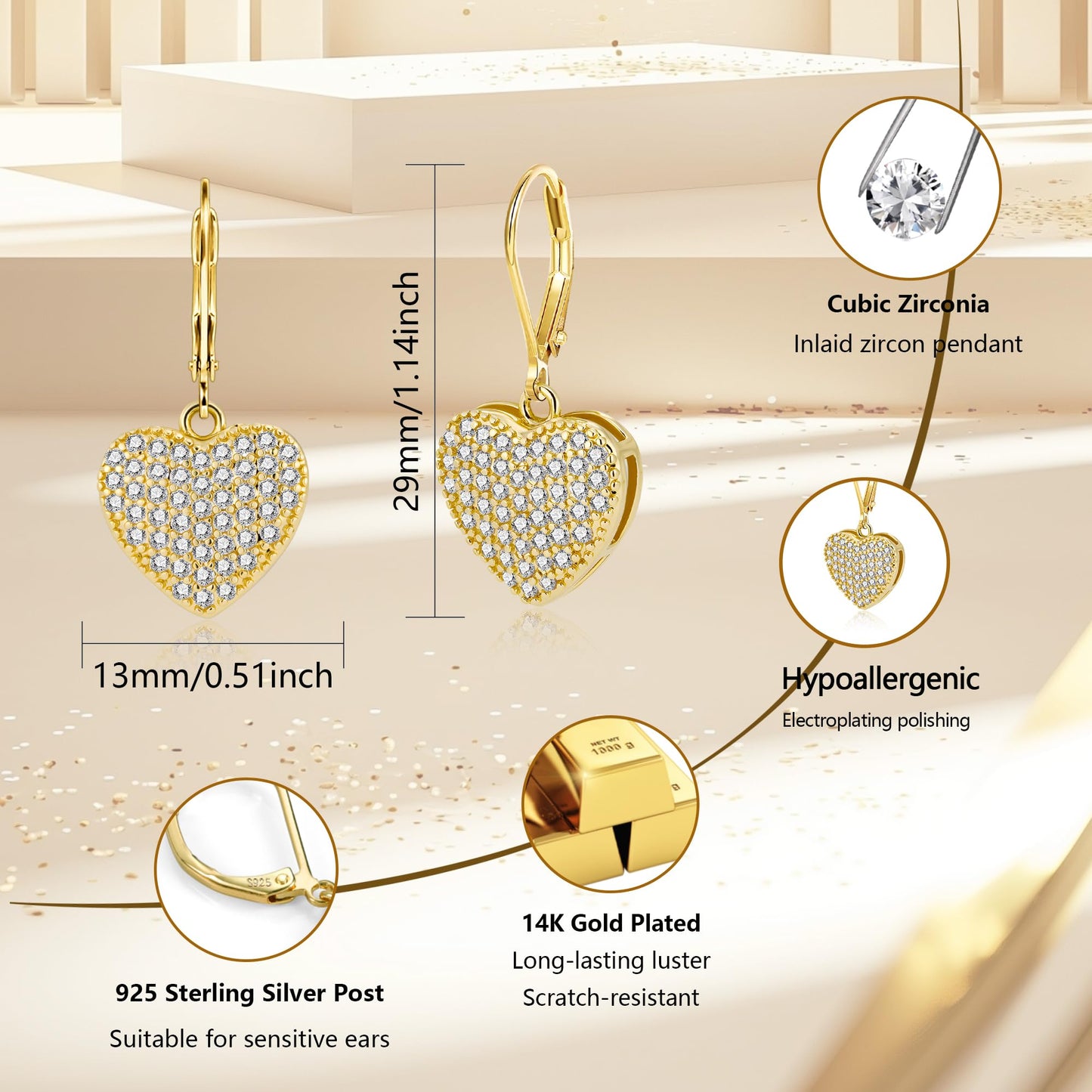 Gold Heart Earrings, ALEXCRAFT 14K Goldplated Heart Dangle Leverback Earrings for Women Trendy Hypoallergenic Sterling Silver Leverback Earings Gold Cubic Zirconia Dangling Drop Earrings for Women