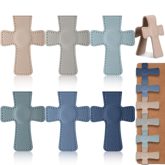 Relaxweex 6 Pcs Cross Leather Magnetic Bookmarks for Women Christian Bookmarks Page Markers Colorful Religious Cross Bookmark for Women Students Teachers Book Lovers Reading Supplies (Blue-Gray)
