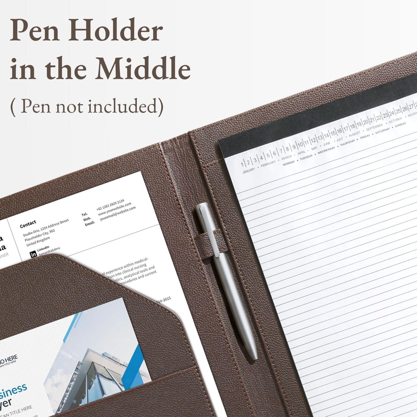 Mymazn Padfolio Portfolio Folder, Faux Leather Interview Resume Folder with Document Organizer & Business Card Holder, Letter-Sized Notepad Legal Pad Holder for Men Women (Coffee)
