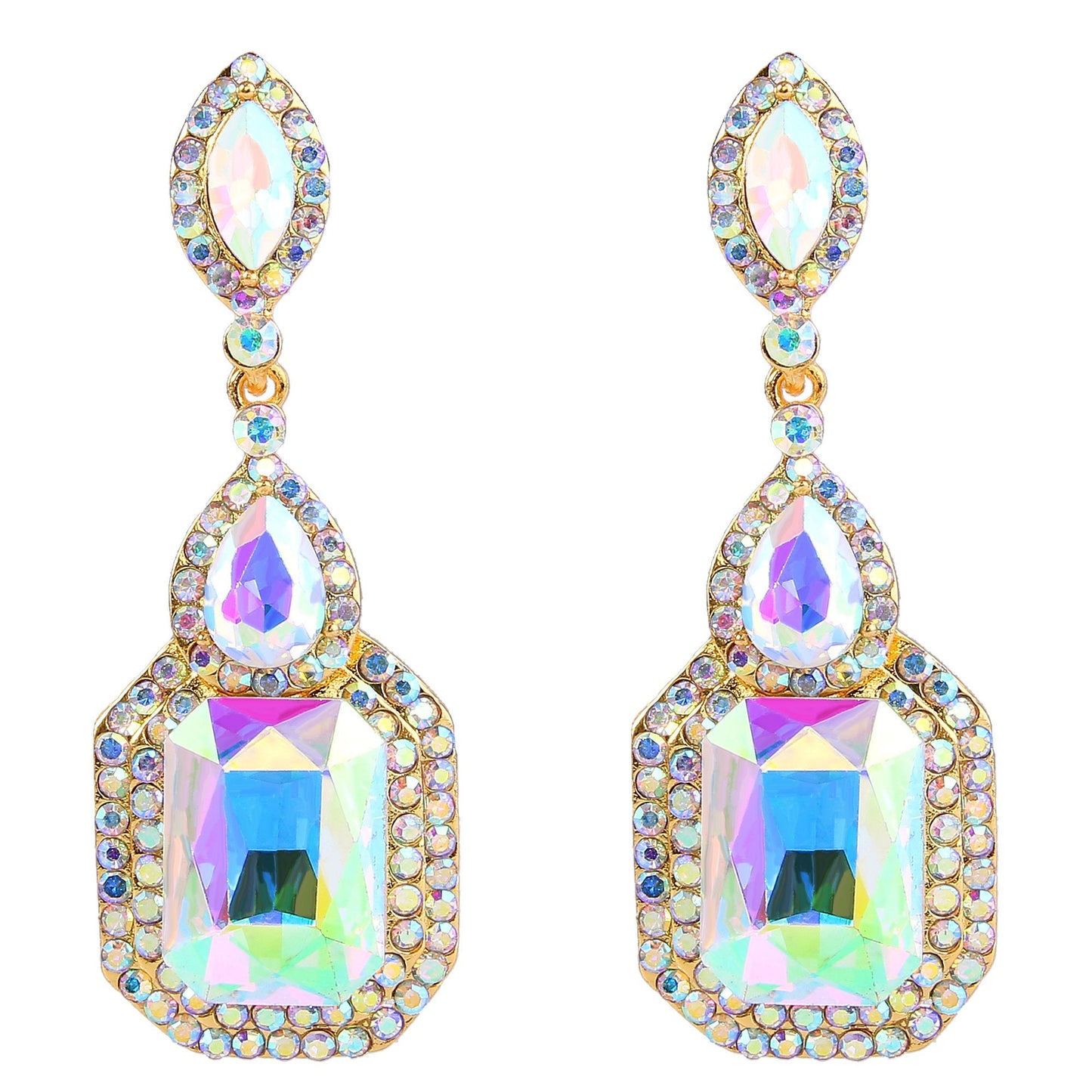 BriLove Women's Wedding Bridal Dangle Earrings Emerald Cut Crystal Infinity Figure 8 Chandelier Jewelry Iridescent AB Gold-Toned