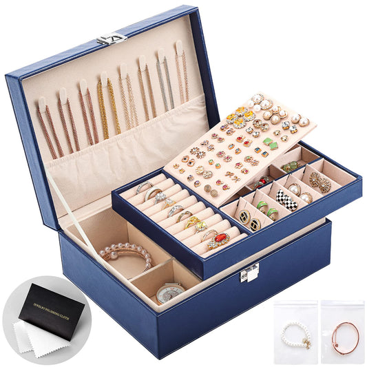 Jewelry Organizer Box PU Leather Jewelry Box for Girls Womens Earring Organizer Boxes 2 Layer Large Jewelry Storage Case Removable Tray for Necklace Earring Ring with Polishing Cloth and Jewelry Bags