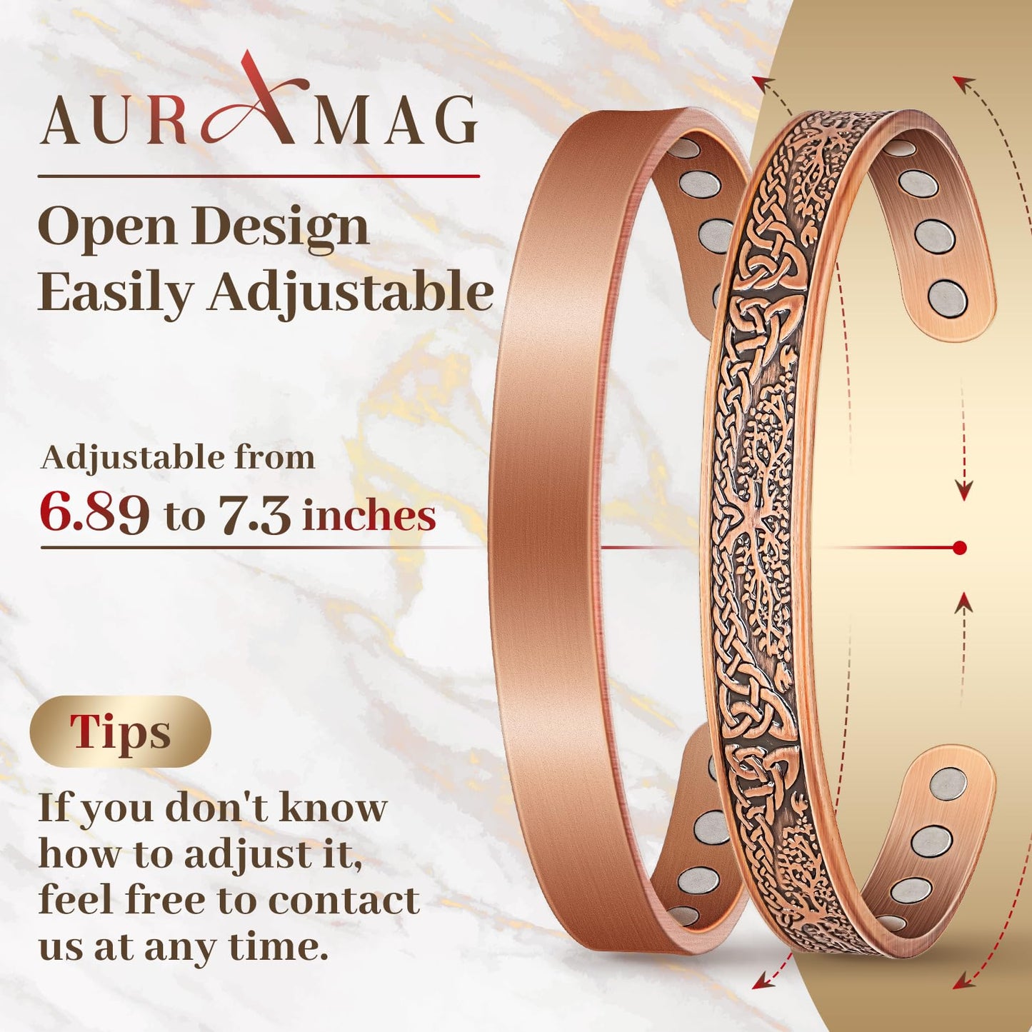 Auramag Copper Bracelets for Women, Magnetic Copper Bracelets for Women with 3500 Gauss Magnets, Adjustable Jewelry with Gift Box (2PCS)