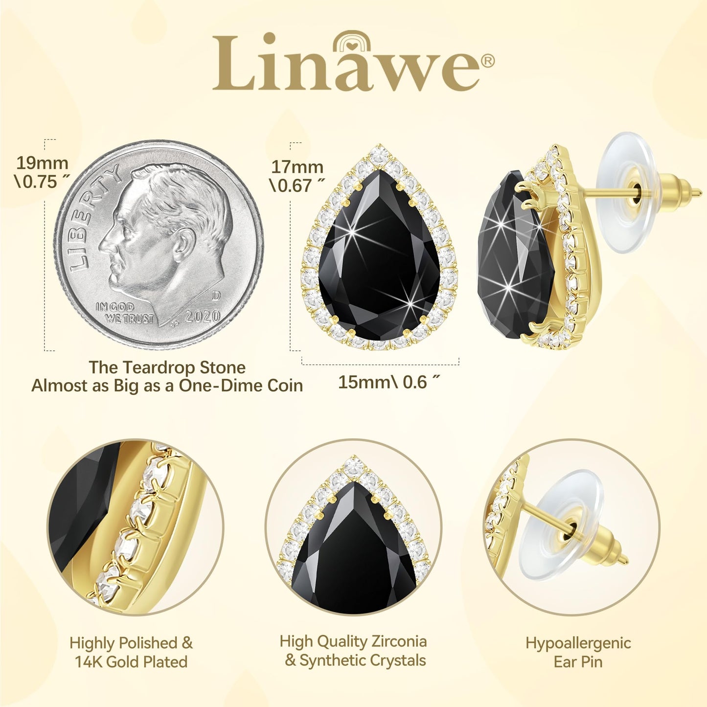 Linawe Black Earrings for Women, Gold Stud Earrings, Imitation Diamond Cubic Zirconia Teardrop Rhinestone Crystal Earrings Studs, Statement Unique Dainty Costume Jewelry Vintage