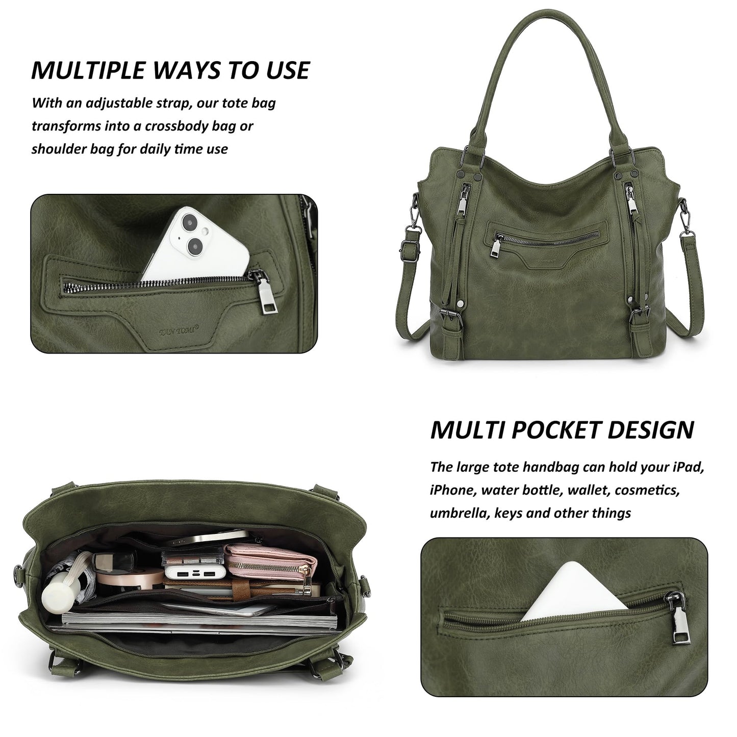 TANTOMI Hobo Bag for Women Large Crossbody Purse and Handbags Multiple Pockets with Adjustable Shoulder Strap-Dark Green