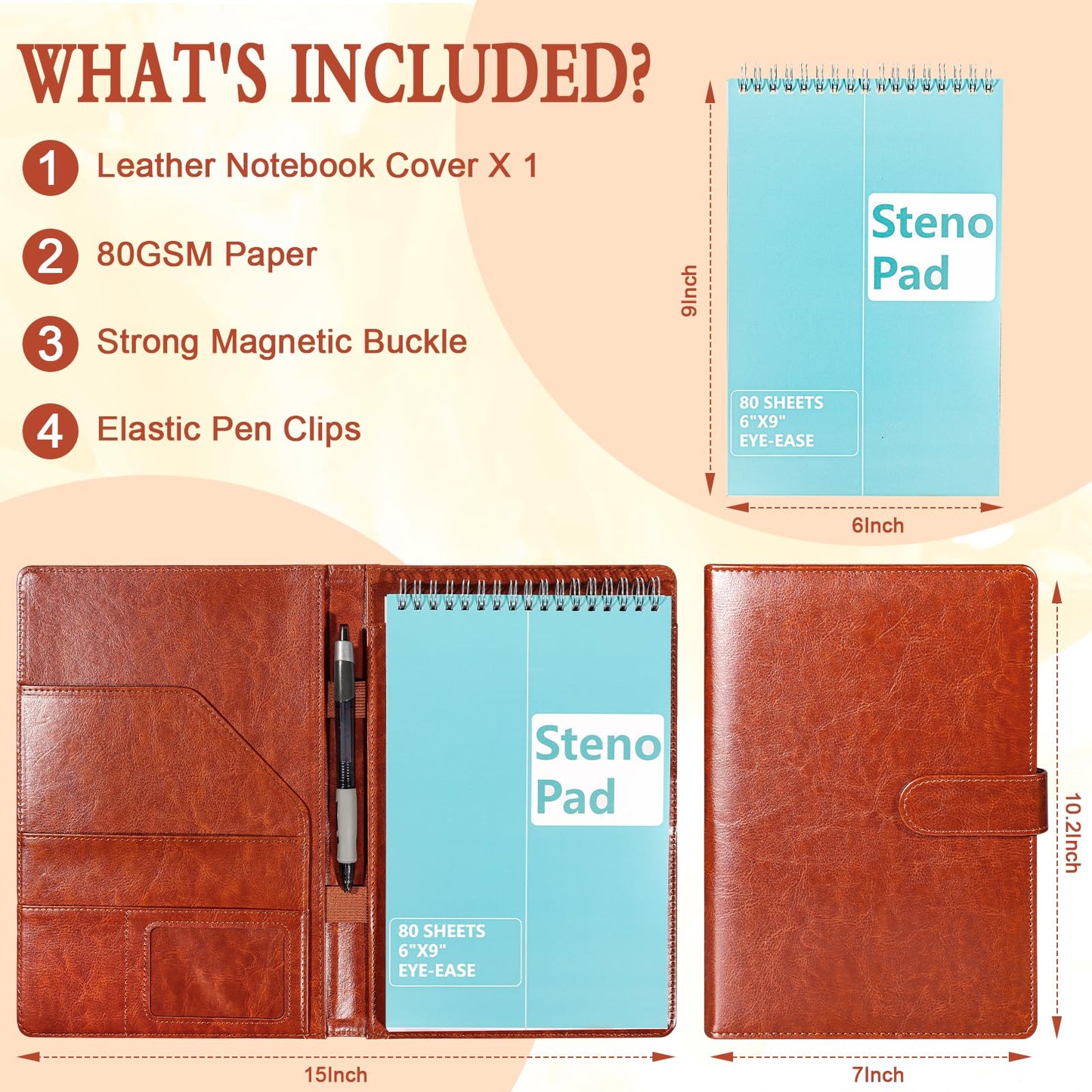 SHIQIKEJIPTY Steno Pad Holder PU Leather Cover 6x9 Steno Pad Cover Business Padfolio Organizer Compatible With 6x9 Steno Notebook Portfolio Pocket Organizer With Pen Loop for Business Office（Brown）
