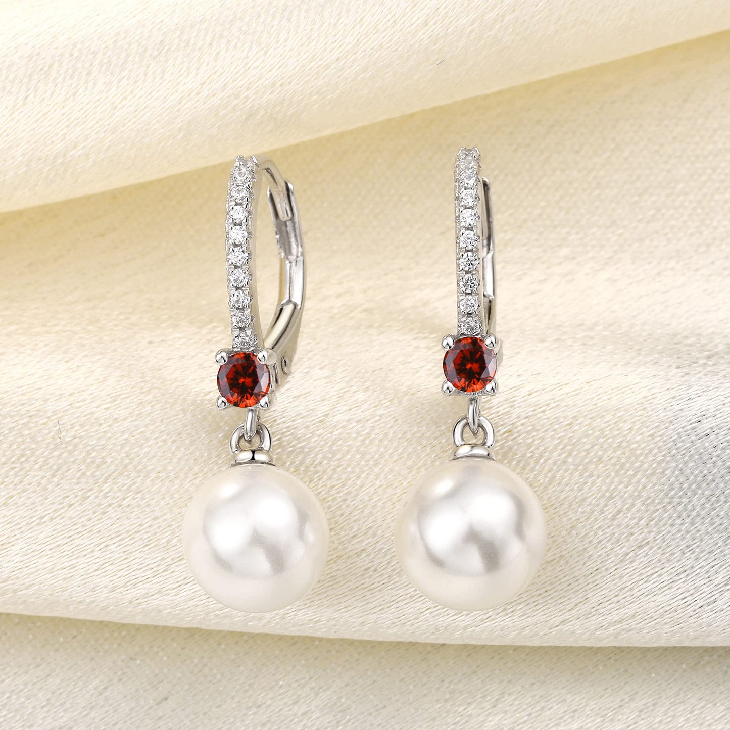 JO WISDOM Pearl Earrings,925 Sterling Silver 8mm Pearl Leverback Drop Earrings with 3A CZ January Birthstone Garnet Color,Jewelry for Women