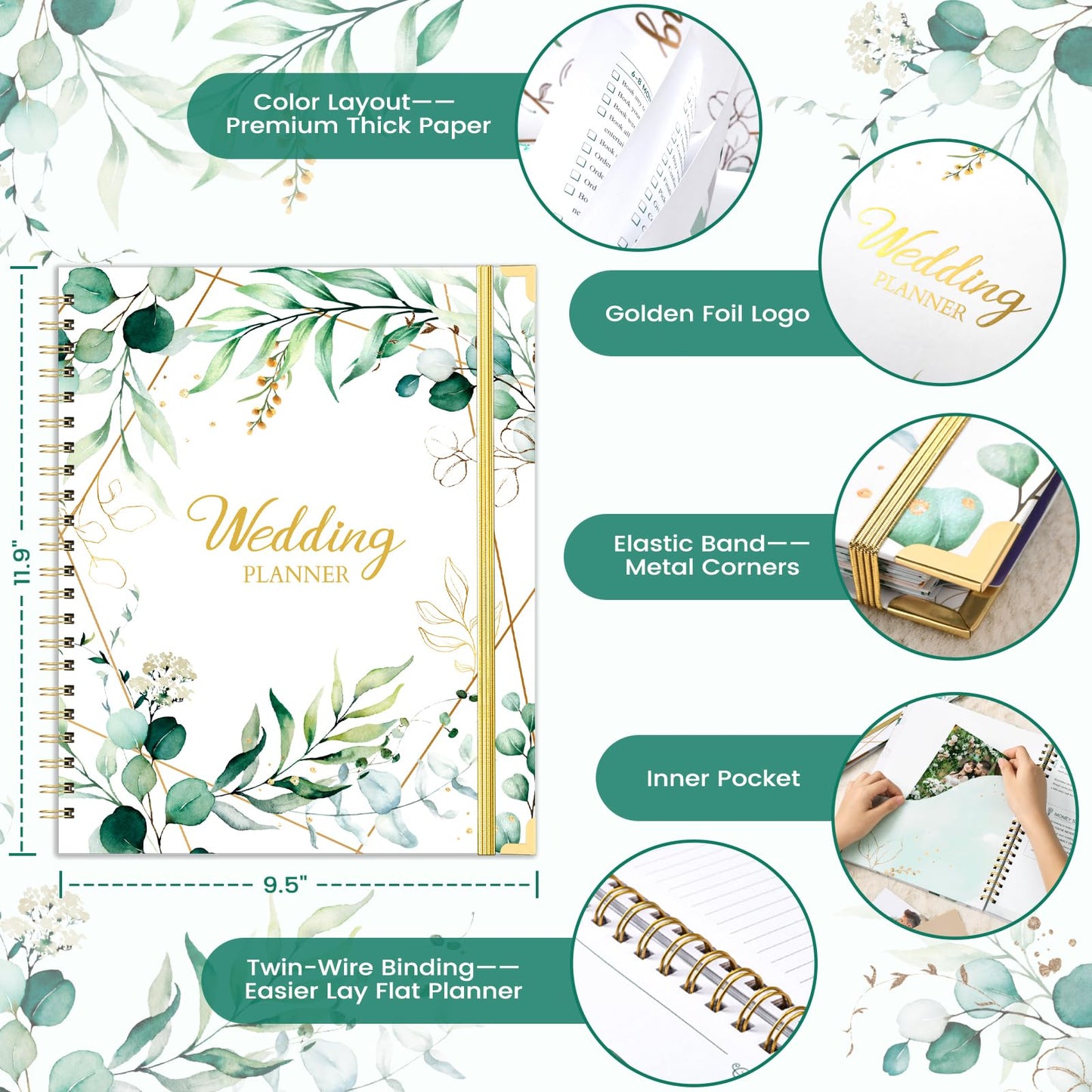 Wedding Planner & Organizer - Wedding Planner Book and Organizer for the Bride, 9.5" x 11.9" Diary Engagement Gift Book, Hardcover + Metal Corner + 5 Inner Pockets + Sticker + Elastic Closure - Floral