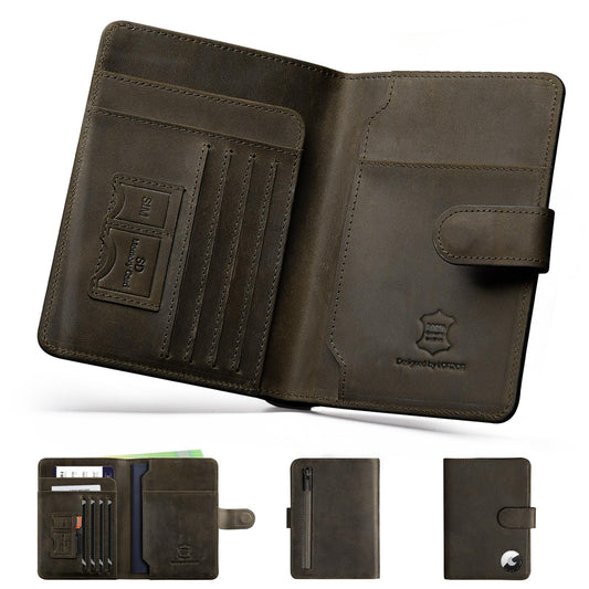 LORZOR Passport Holder for Travel: Full Grain Leather Passport Cover with Airtag Holder Magnetic Buckle for Men - RFID Blocking Bifold Wallet for Air Ticket Card Cash Coin (Black-yellow)