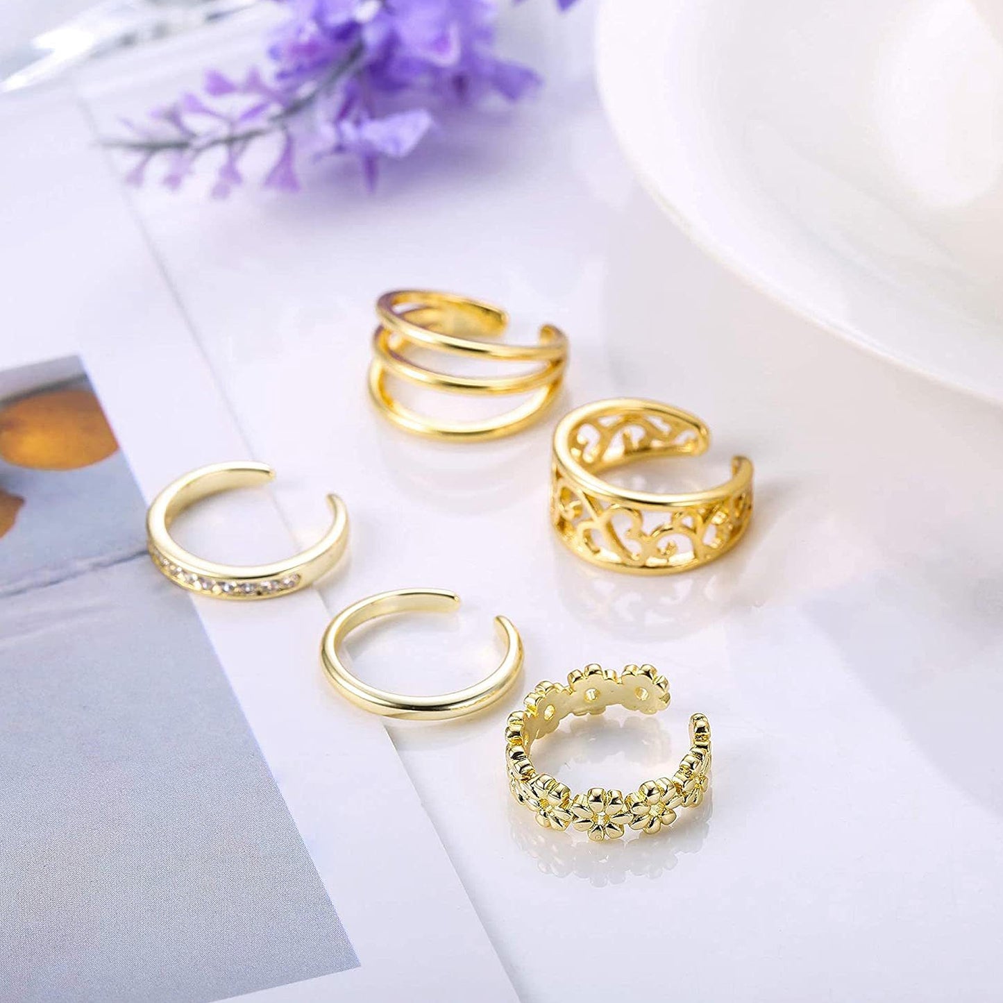PYALXDN 5 Pcs Silver Plated Toe Rings for Women Adjustable Band Rings Open CZ Toe Ring Set Beach Foot Jewelry，Anti-allergy，Rose Gold