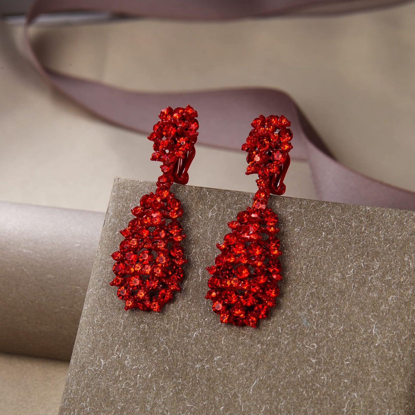 EVER FAITH Women's Costume Jewelry Crystal Floral Behimia Hollow Teardrop Dangle Clip-on Earrings Red Red-Tone
