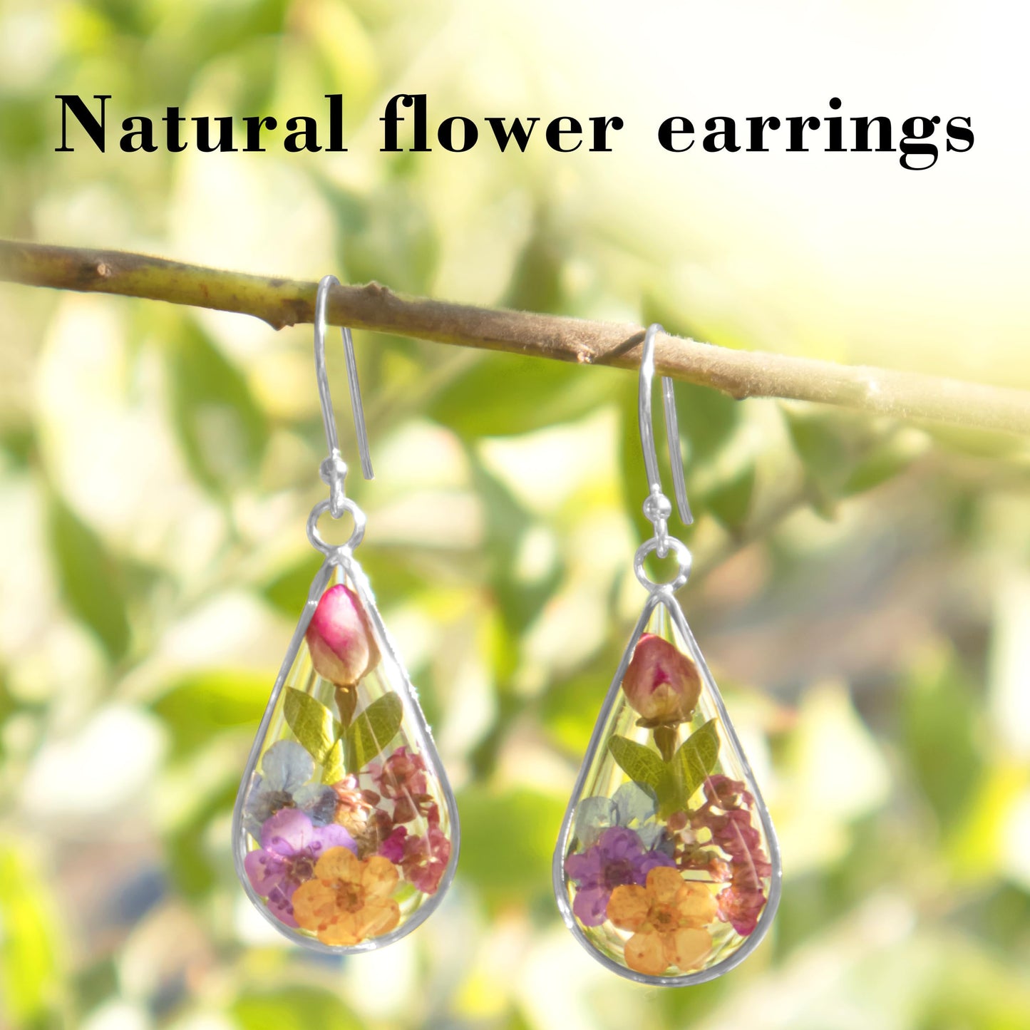 925 Sterling Silver Pressed Flower Teardrop Earrings,Hypoallergenic Women's Jewelry Gift for Mom,Handmade natural dried flower teardrop earrings Jewelry Gift (Silver Rose)