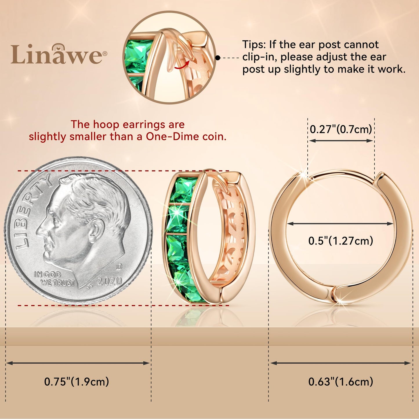 Linawe Green Small Hoop Earrings, Rose Gold Huggie Earrings for Women Trendy, Cubic Zirconia Earrings Stud, Piercing Jewelry, Cartilage Mini Hoop, Emerald Earrings Flat Back