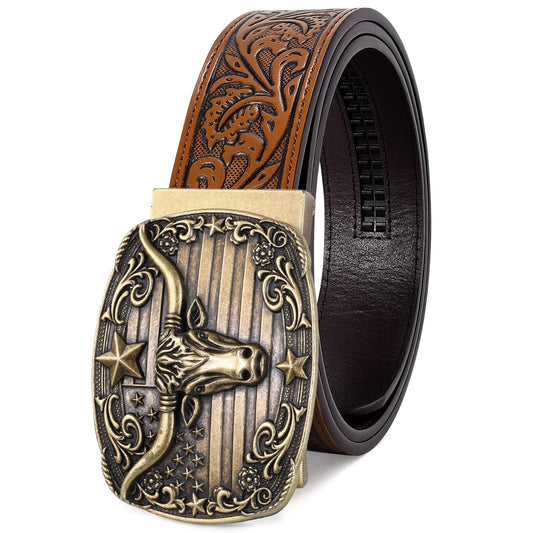 SANSTHS Western Cowboy Ratchet Belts for Men Women Leather Cowboy Belt with Automatic Western Buckle for Jeans Gifts, Golden Bull/Brown