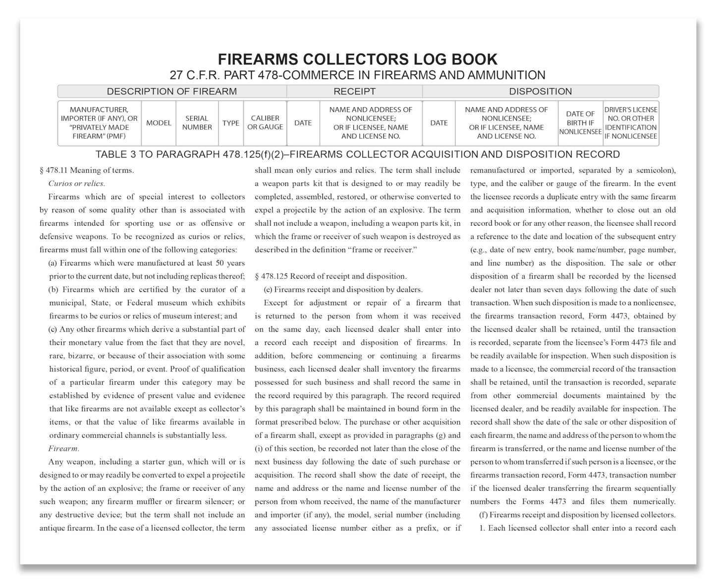 BookFactory C&R FFL 03 Bound Book/Gun Collector Log Books/Curio and Relics Bound Book 8 7/8'' x 7”- 72 Pgs, New Black Bonded Leather, Section Sewn Hardbound (Made in USA)