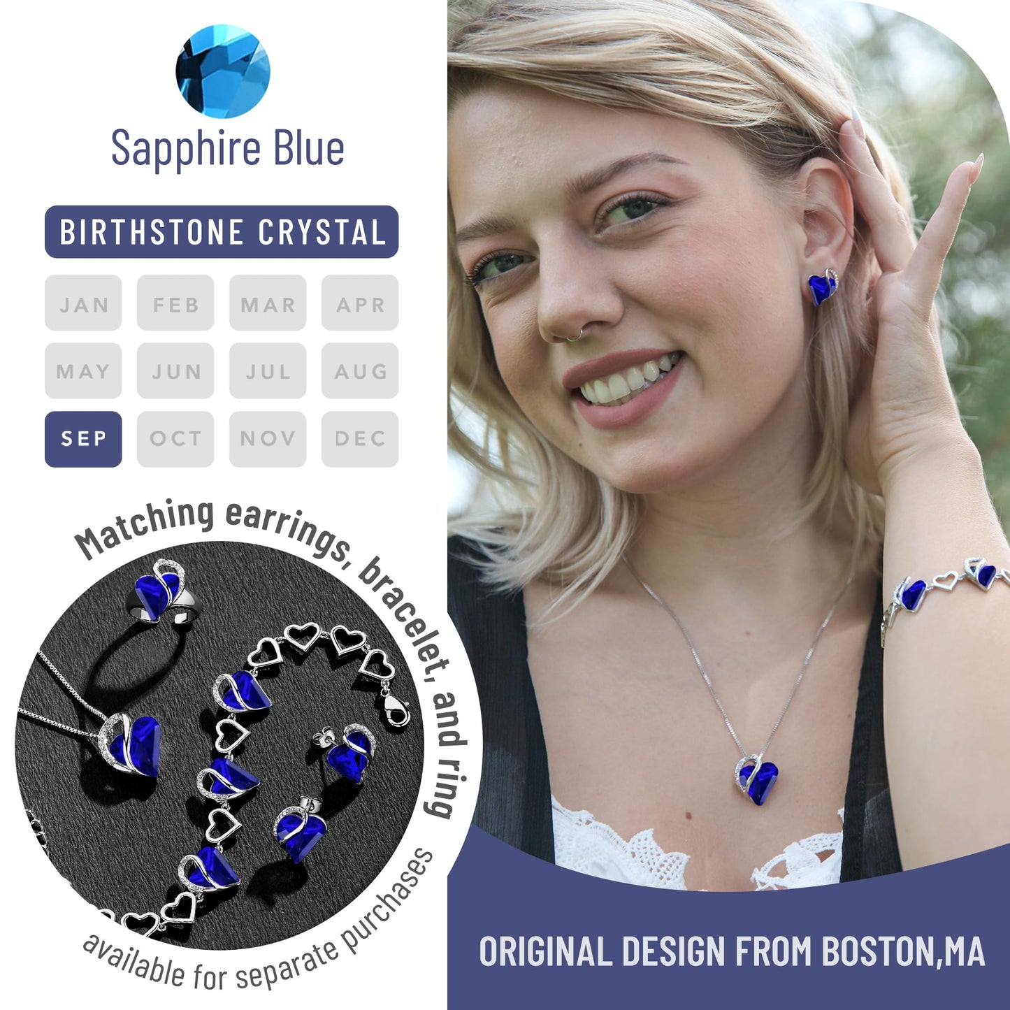 Leafael Mothers Day Gift Necklaces for Women, Infinity Love Birthstone Heart Pendant, Sapphire Blue Crystal for September, Birthday Jewelry for Her, Mom, and Wife, Silver Plated, 18" + 2" Chain