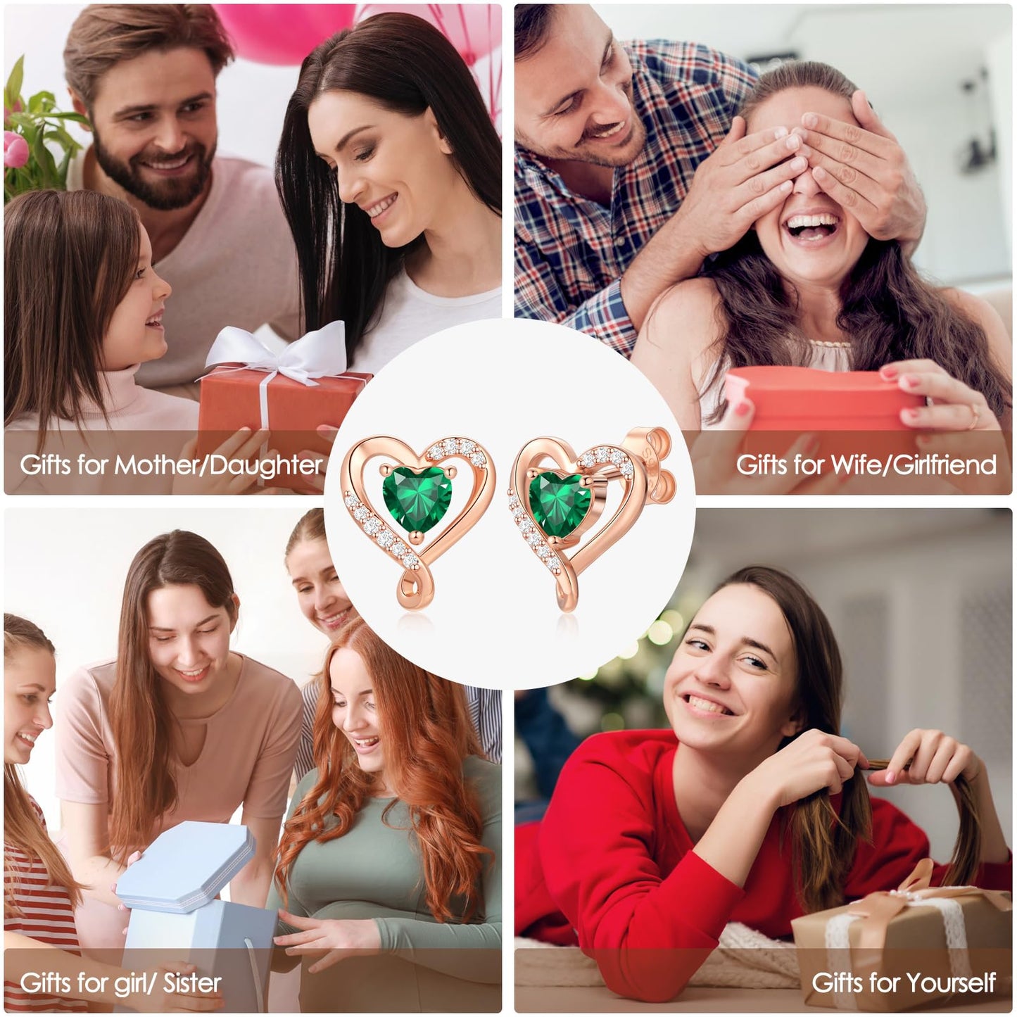 Zifeel Earrings for Women,Rose Gold Birthstone Heart Studs Earring for Girlfriend Wife,Anniversary Birthday Christmas Valentines Mothers Day Gifts Jewelry for Women Wife Her Mom