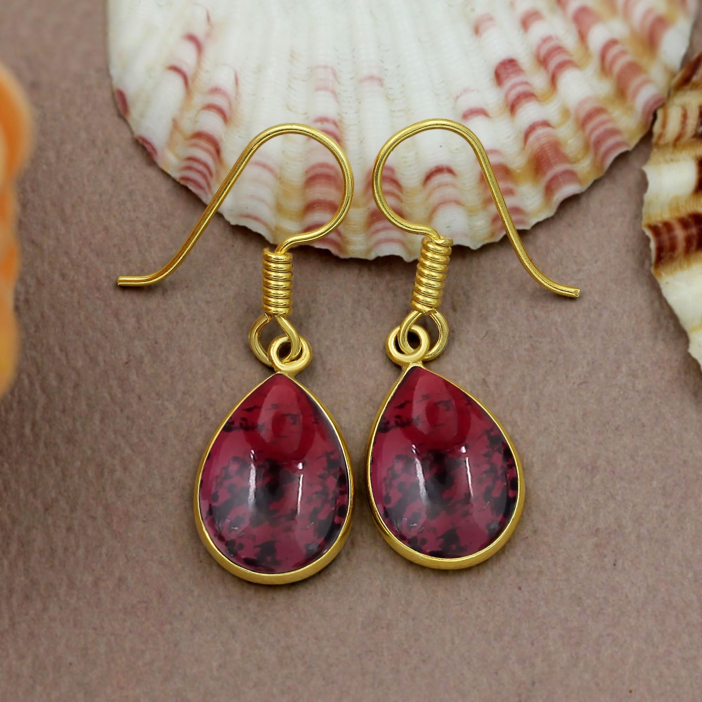 Natural Garnet 14K Yellow Gold Plated Dangle Earrings for Women - January Birthstone Red Gemstone Vintage Style Handmade Jewelry Earrings - Mother's Day Gifts for Her