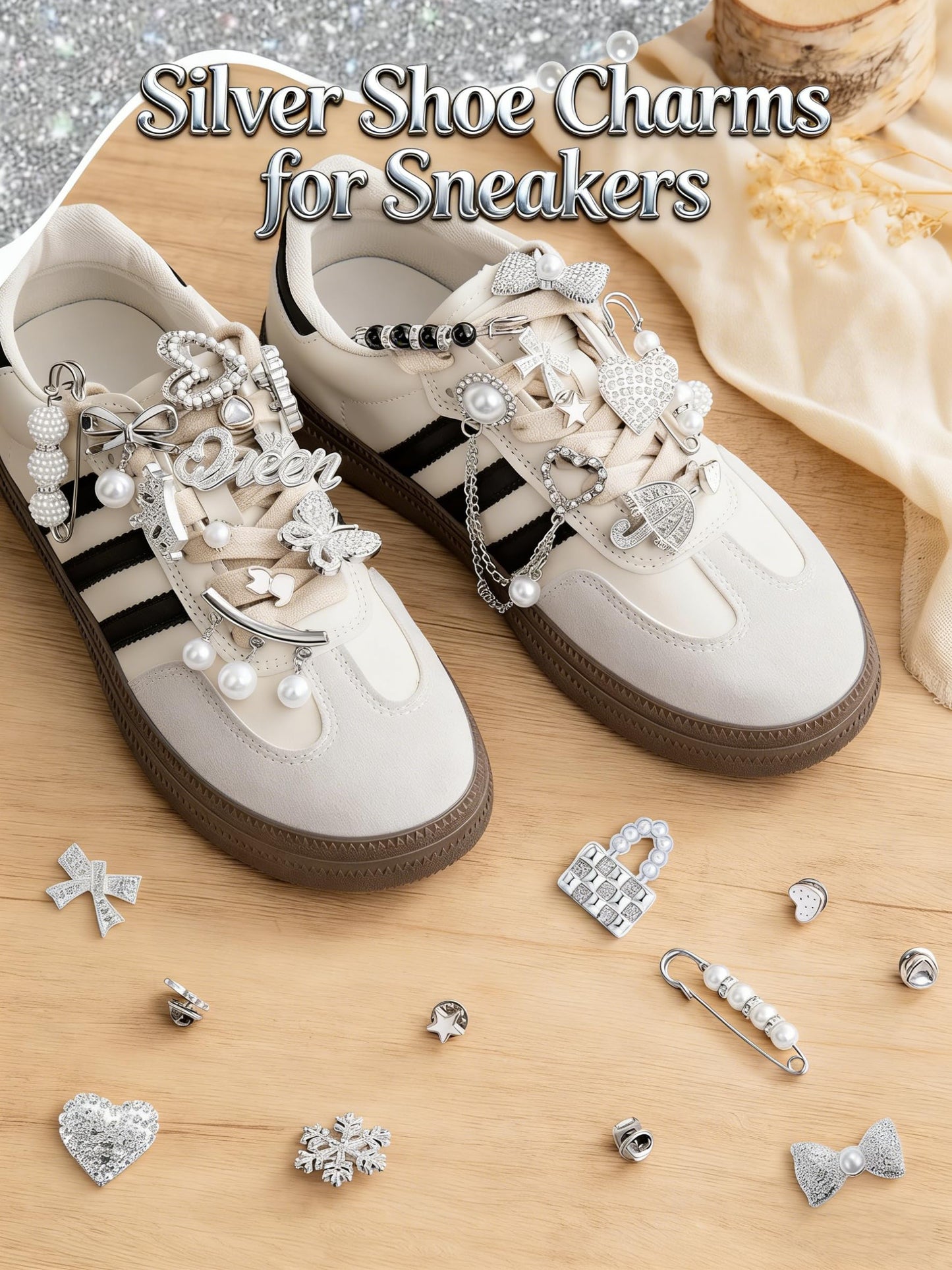 RQAYE Silver Shoe Charms for Sneakers, Junk Socks Charms Kit, Brooches and Pins for Women, Pearl and Rhinestone Sock Charm with Safety Pins,DIY Accessories for Decorating and Personalizing Socks