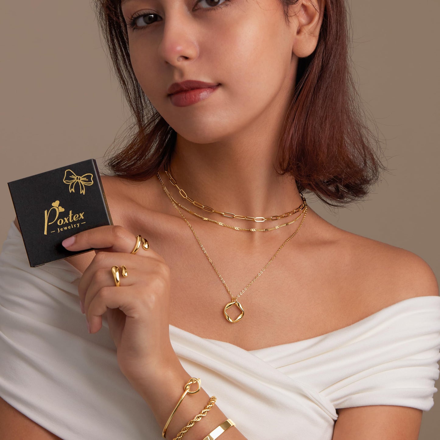 Layered Gold Necklaces for Women,14k Gold Plated Dainty Stackable Choker Necklaces for Women Trendy Layering Geometric Pendant Paperclip Dot Chain Necklace Set Jewelry Set Gifts
