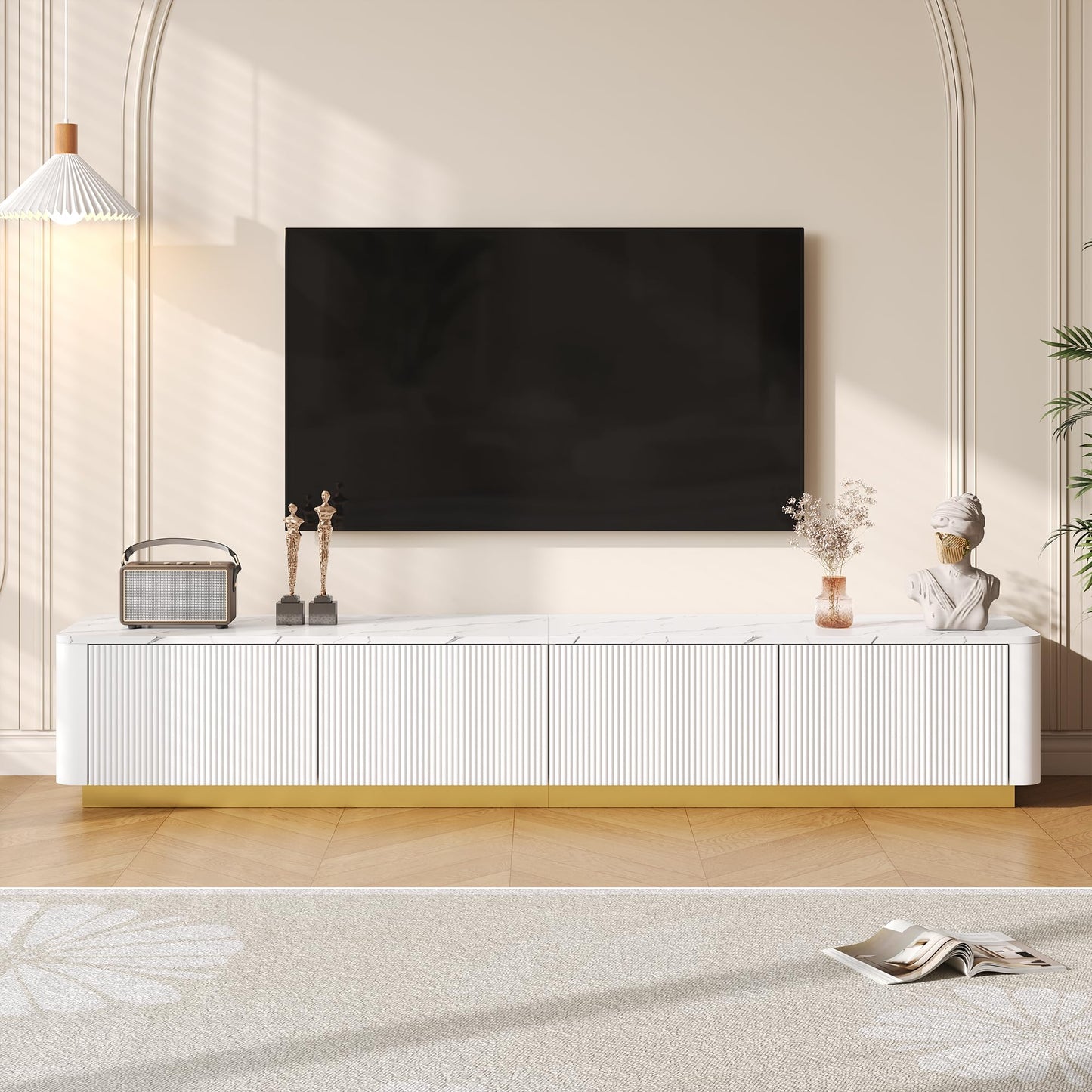 Merax Modern Fluted TV Stand Consoles for Living Room, Wood Entertainment Center with 4 Drawers & Faux Marble Tabletop, Practical Media Console for Televisions Up to 85'', White