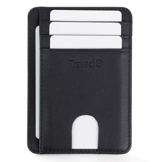 Travaci Full Grain Leather Slim Wallet for Men and Women - Small Minimalist Wallet and Leather Card Holder - Thin Front Pocket Credit Card Holder - Black