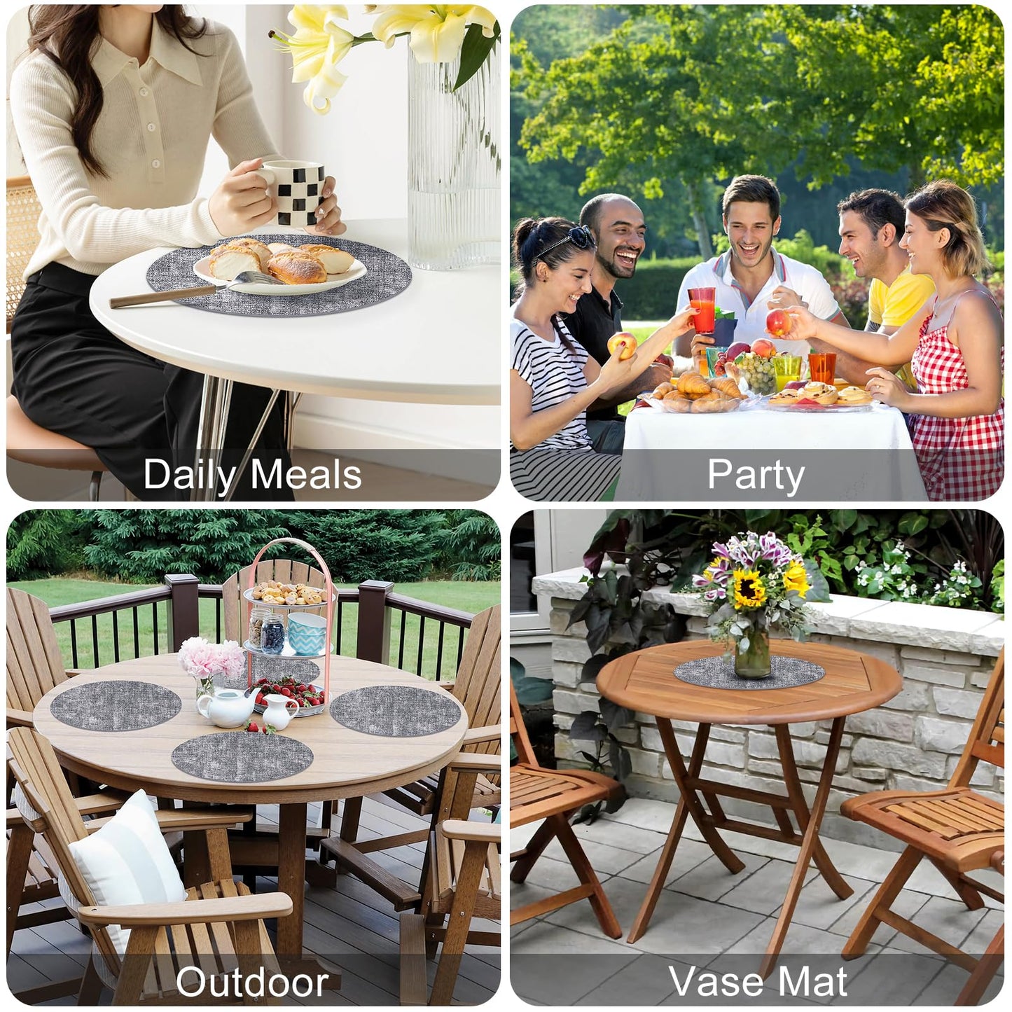 Homaxy Round Faux Leather Placemats and Coasters, Washable Dual-Side Table Mats, Wipeable Heat-Resistant Dining Place Mats for Outdoor and Indoor, Set of 8, Diameter 13 and 3.93 inch, Black