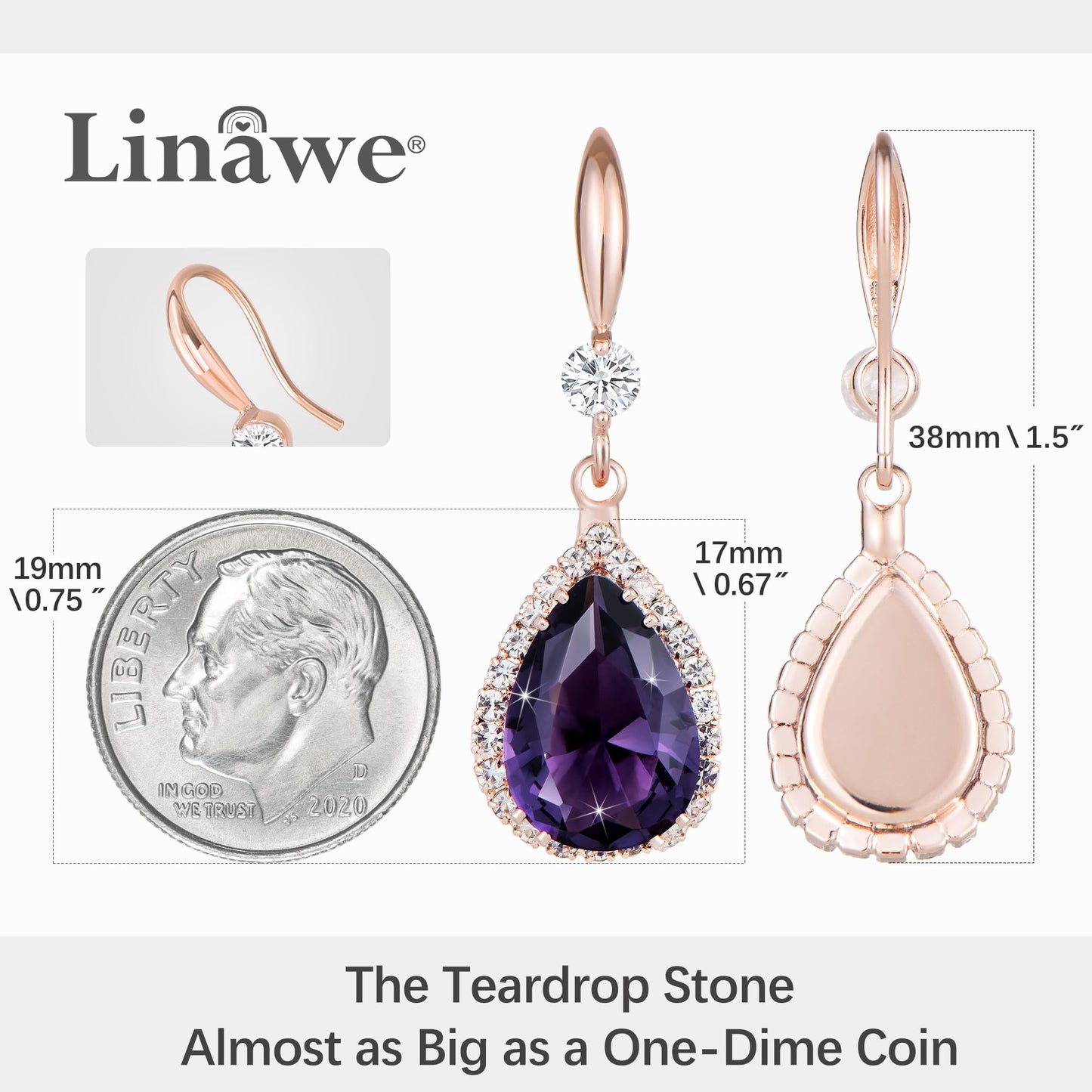 Linawe Purple Dangle Earrings Rose Imitation Gold Plated, Imitation Diamond Drop Chandelier Earrings for Women Trendy, Rhinestone Lab Created Amethyst Crystal Teardrop Dangly Earrings