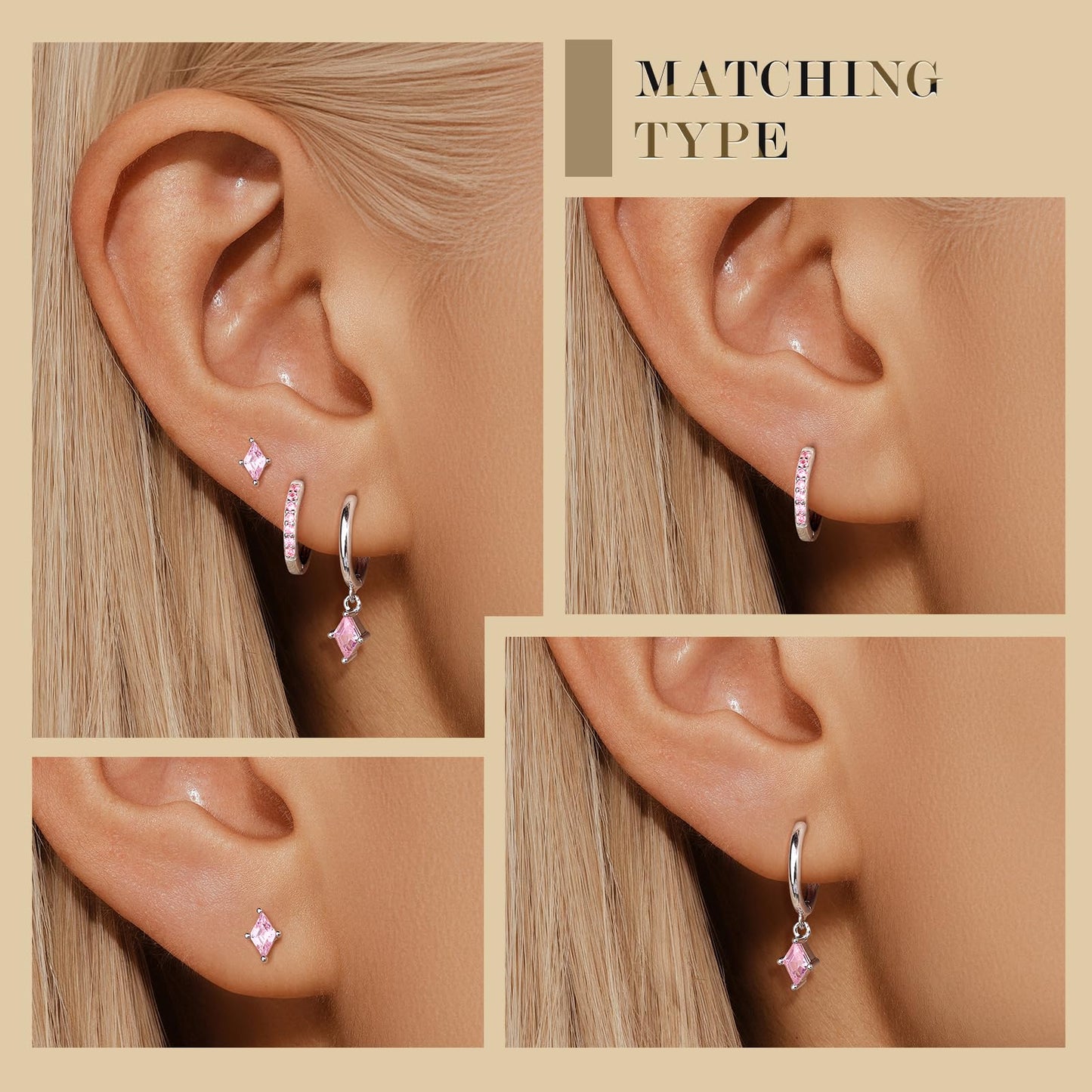 3 Pairs Sterling Silver Pink Earrings Set for Women, Hypoallergenic Silver Hot Pink Earrings for Women Dangling, Dainty Huggie Hoop White Earring Stacks Stud Earring Trendy Red Jewelry Gifts