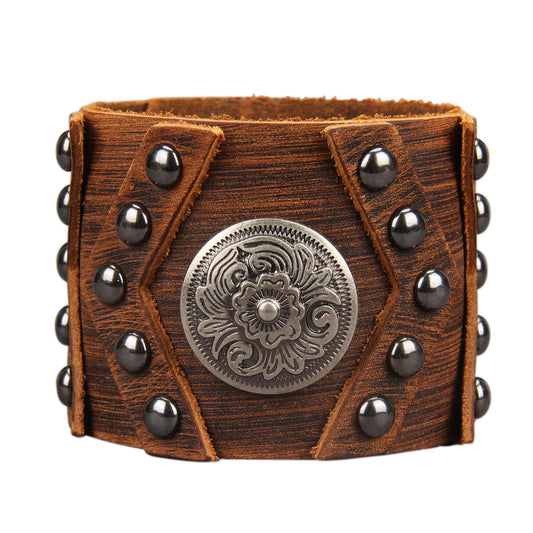 GelConnie Leather Cuff Bracelet Handmade Brown Leather Bracelets Studed Gothic Punk Mens Wrist Bracelet Wide Wristband