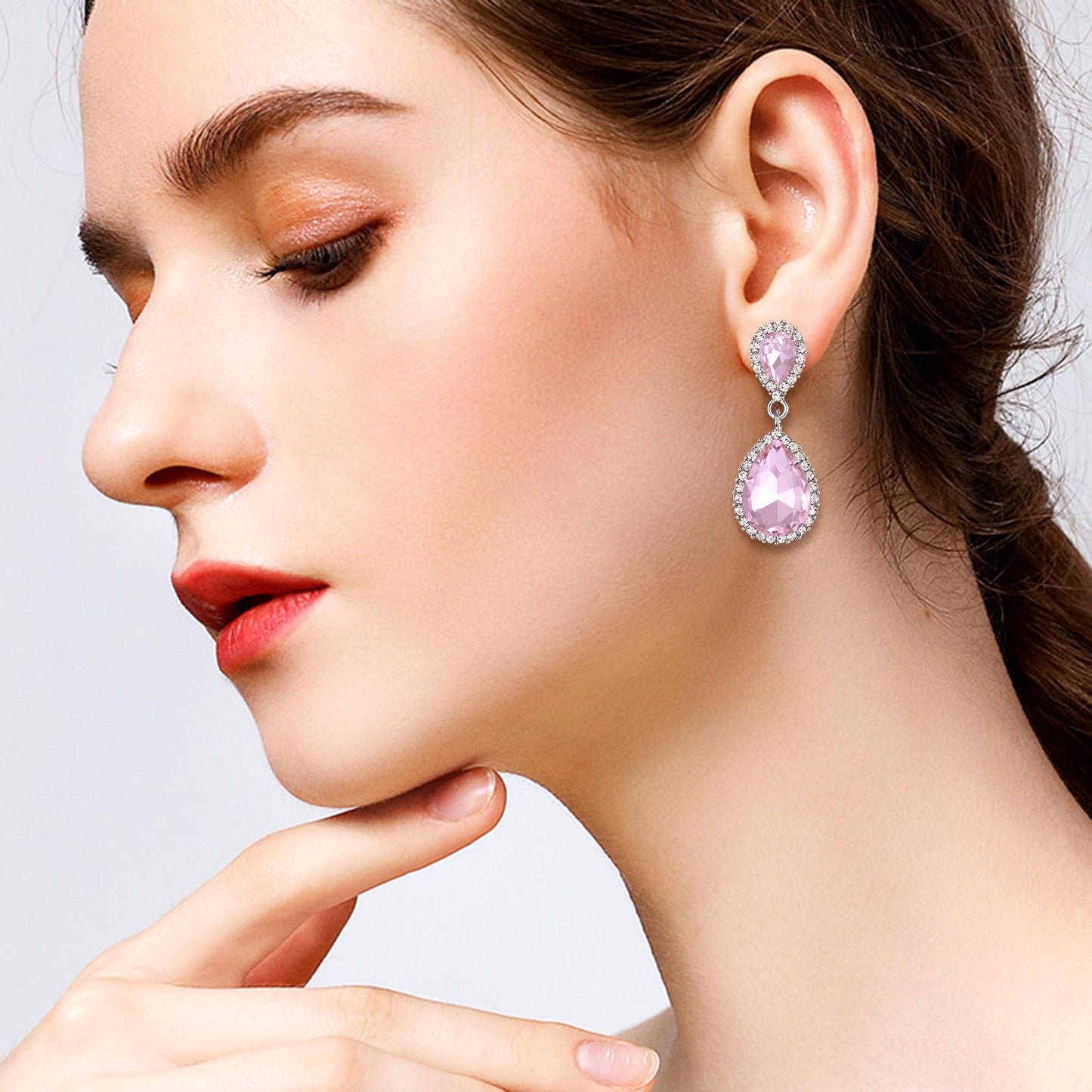 EVER FAITH Women's Austrian Crystal Wedding Tear Drop Dangle Earrings Pink Silver-Plated-Base