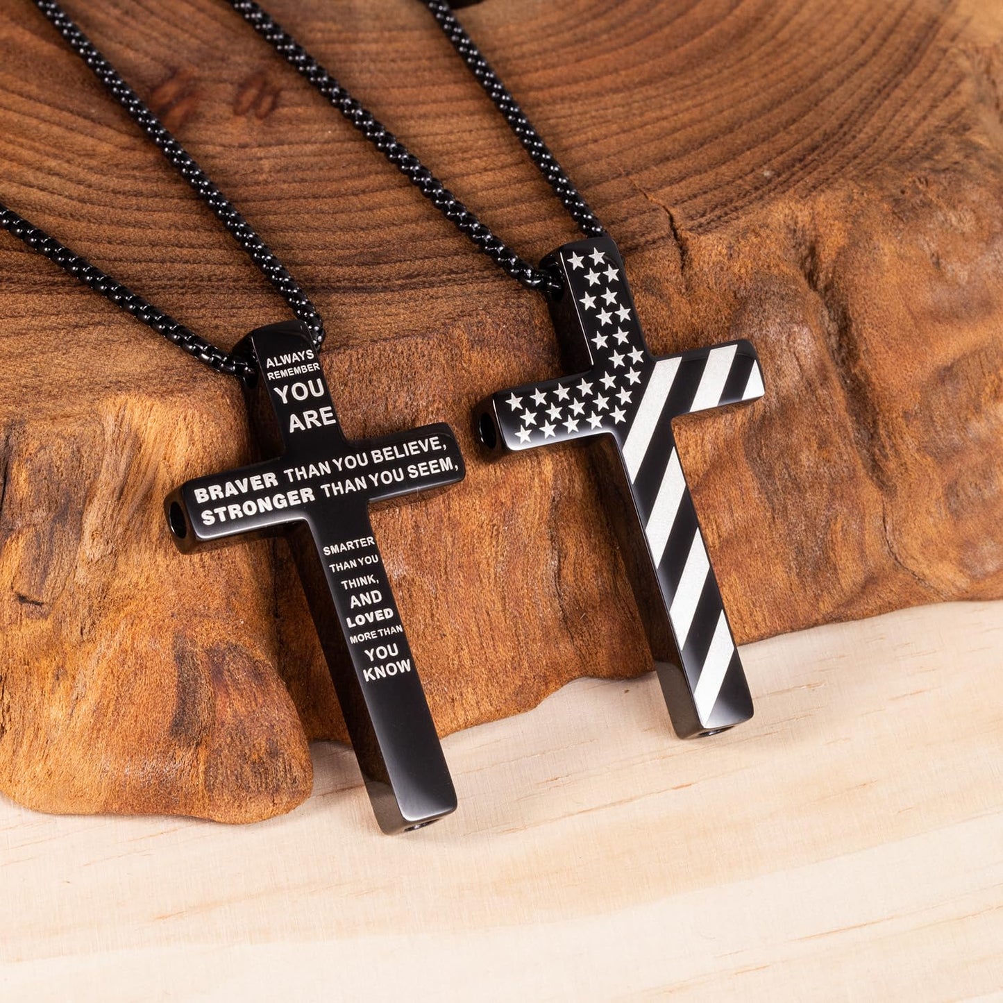 FUNPAR American Flag Cross Breathing Necklace, Stainless Steel Patriotic Jewelry, Inspirational Bible Verse Cross Necklace, Anxiety Relief Items for Men Christian Gift(Black 0000)