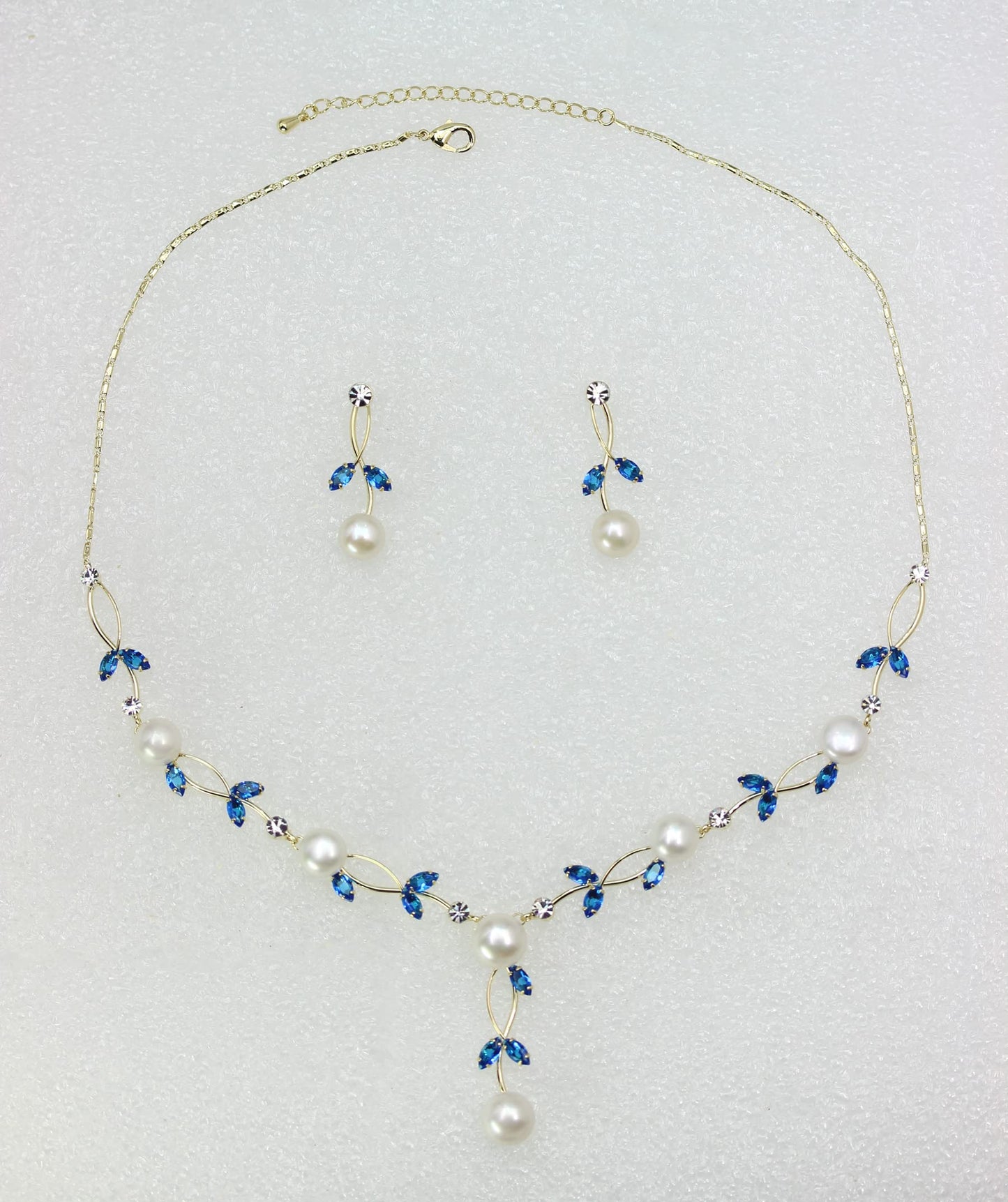 Faship Gorgeous Blue CZ Crystal Genuine Freshwater Pearls Floral Necklace Earrings Set - Blue/Gold Plated