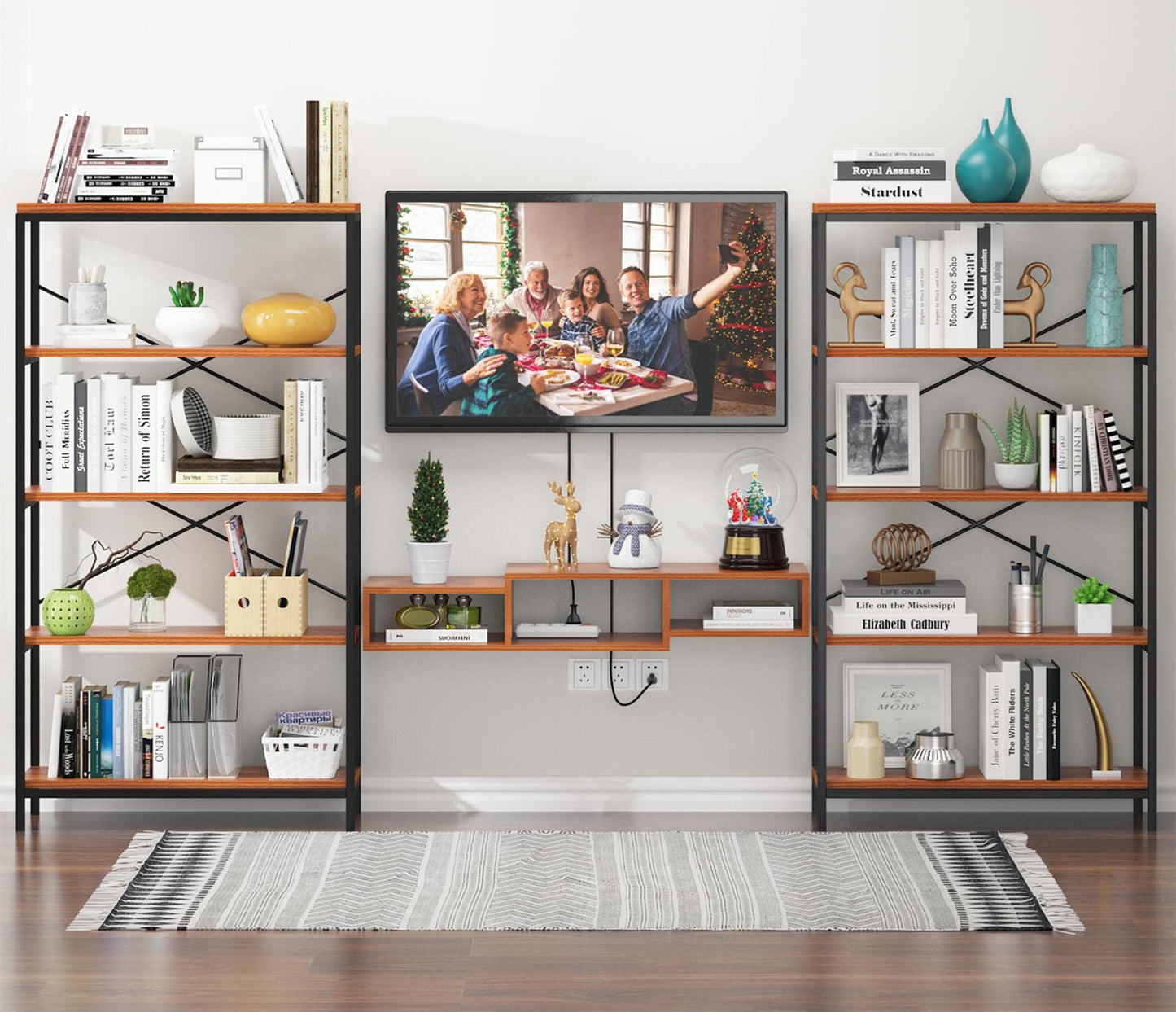 Himimi Industrial Bookshelf 5-Tier Set of 2, Bookcase 58" H Ladder Shelf, Storage Shelves Rack Shelf Unit, Accent Furniture Metal Frame, Home Office Furniture, Vintage Brown（2PCS）