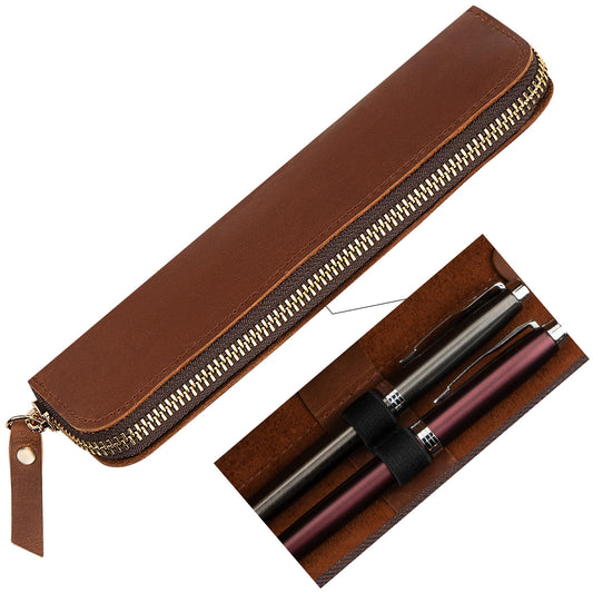JANKINGS Genuine Leather Pen Case with Dual Elastic Loops - Vintage Fountain Pen Pouch with Metal Zipper - Slim 2-Slot Pencil Sleeve Organizer for Expensive Pens, Writing Instruments - Brown